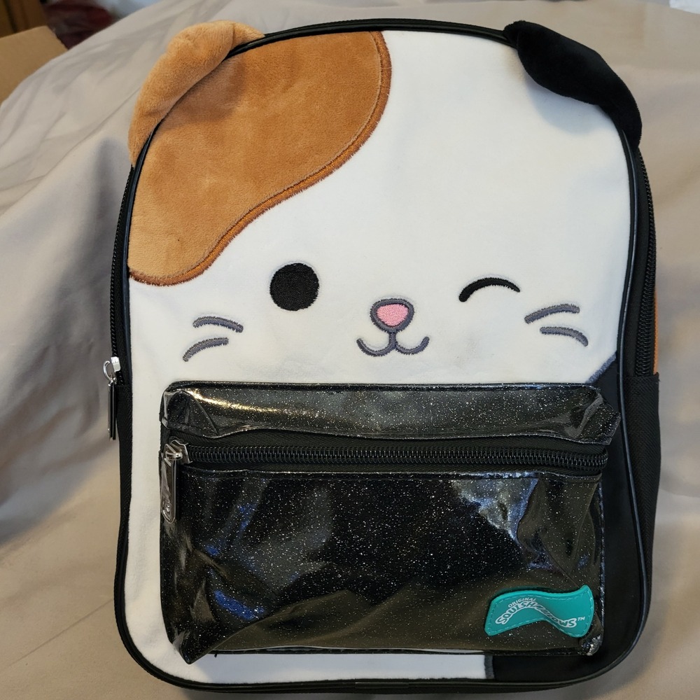 Squishmallows Cam the Cat Plush Mini Backpack White Black Brown Glitter Pocket